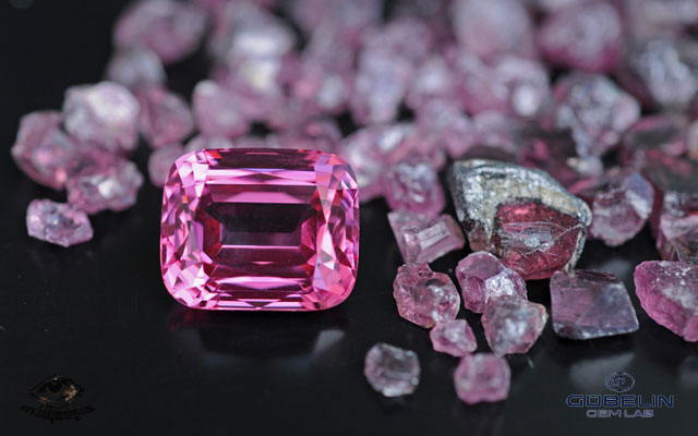 Fine Pamir spinel (over 20 carats) from Tajikistan, with rough spinels from the Kuh-i-Lal mines.