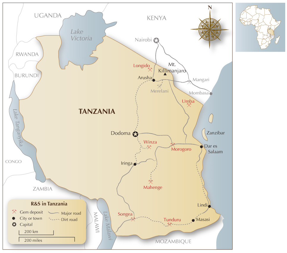 Map of Tanzania and southern Kenya, show the major gem localities. Click on the map for a larger version. Map © R.W. Hughes, Lotus Gemology.