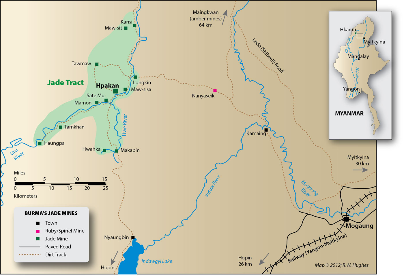 Figure 2. Hpakan is the center of the jadeite mining district (or central Jade Tract) in north-central Burma. There are two main routes into the Hpakan region, one from Mogaung and the other from Hopin. Adapted by R.W. Hughes and G. Bosshart from Hind Co. Map (1945). Click on the map for a larger image.